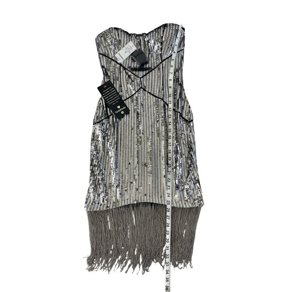 Bebe Uptown Strapless Sequin Fringe‎ Dress Silver Gunmetal Cocktail S NWT $206 - Picture 8 of 15